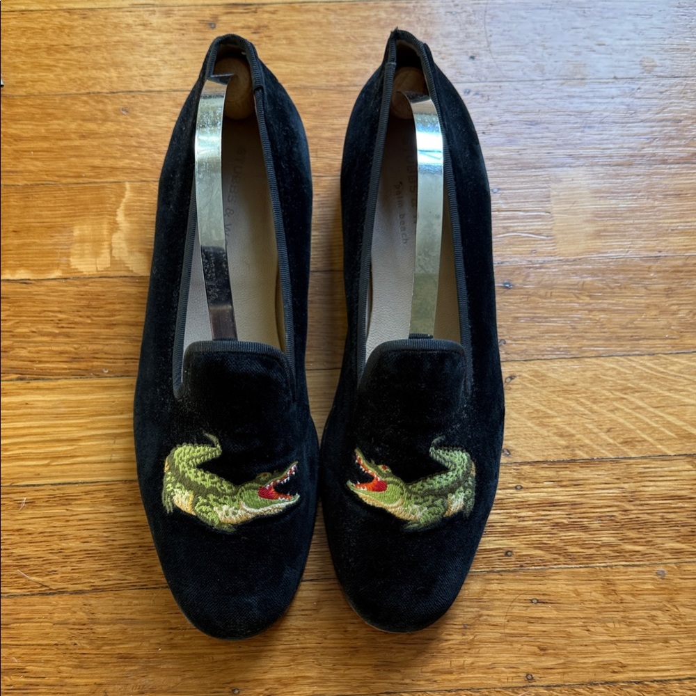 Stubbs & Wootton Black Velvet Loafers with Green Embroidery